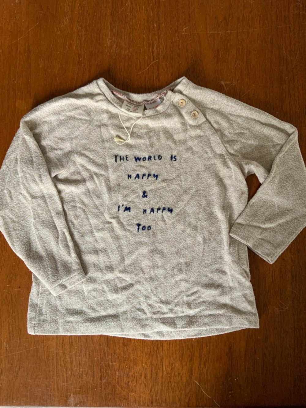 🍊5/$25 Zara Taupe Long-Sleeve Top with Navy Script size 2-3Y
